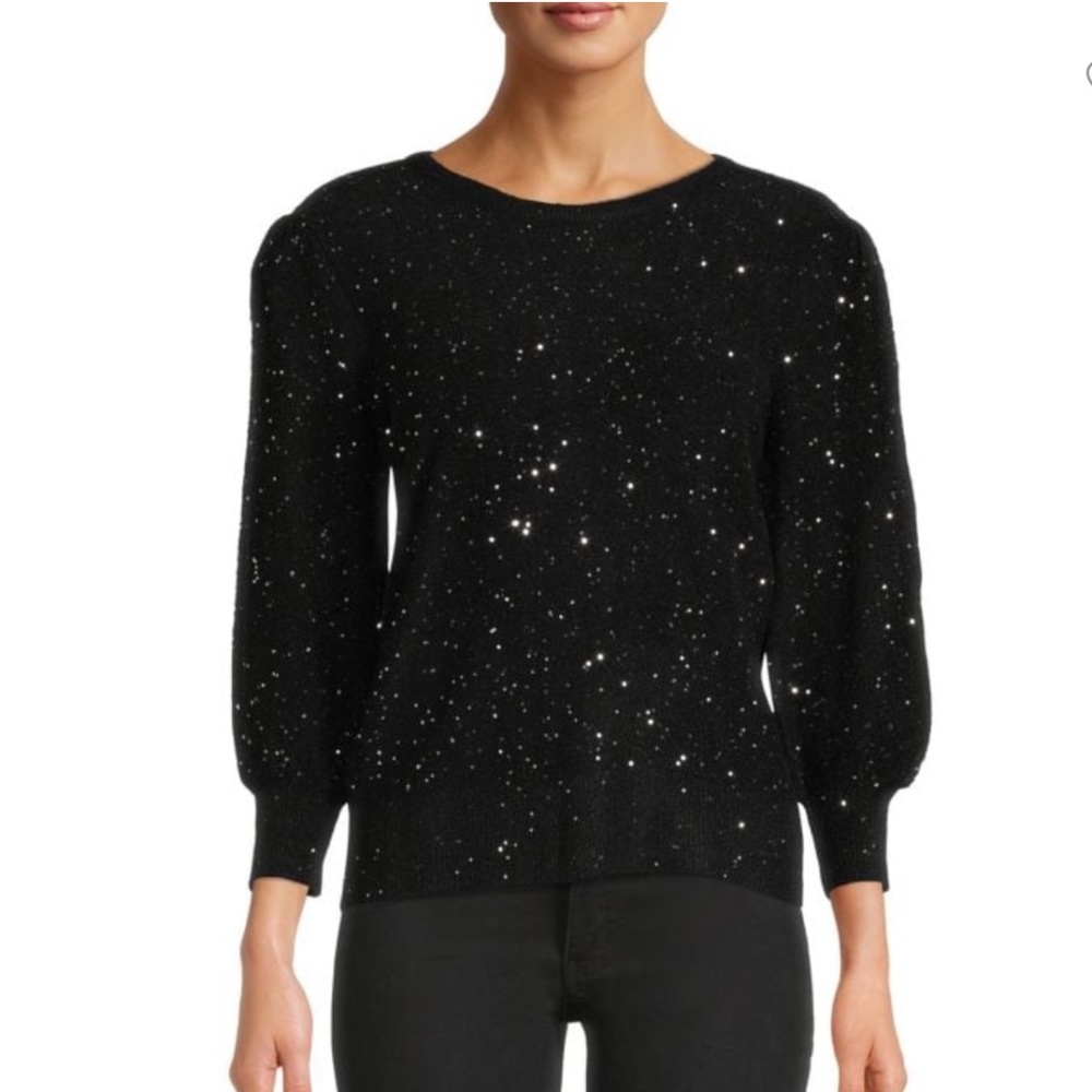 NWT! KARL LAGERFELD PARIS Puff Sleeve Sequin Sweater in Black Silver/ Size S
